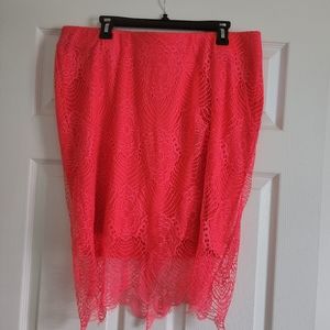 Torrid Lace Pencil Skirt Neon Coral Scallop, Size 1